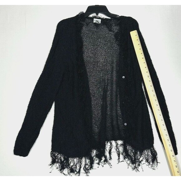 Chicos Size 3 XL 16 Womens Black Cardigan Sweater Mother of Pearl Buttons Fringe - Picture 5 of 11
